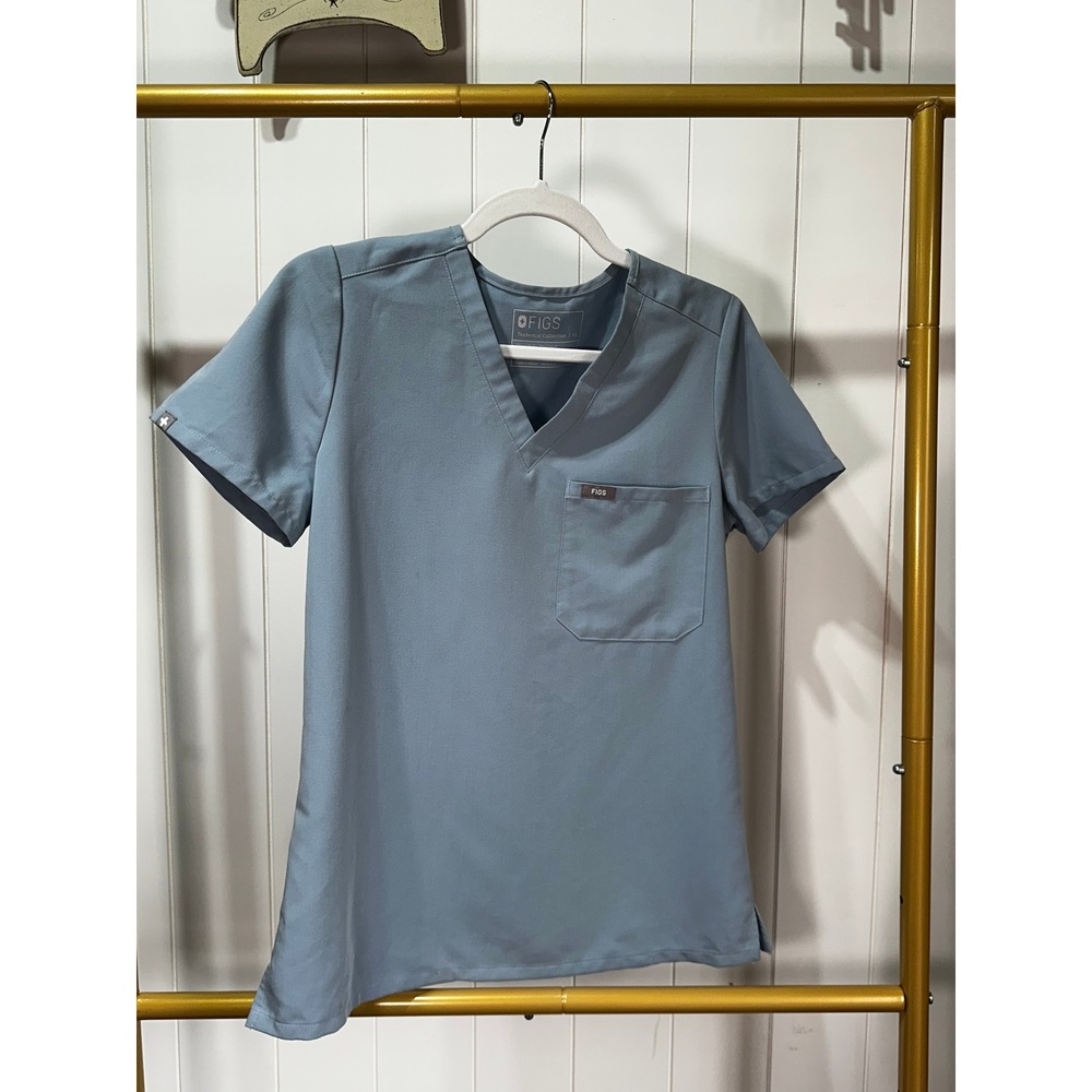 Figs Technical Collection Blue V-Neck Scrub Top Women XS Chest Pocket Short Slv